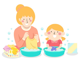 Wall Mural - Kid Girl Mom Teach Wash Clothes Illustration