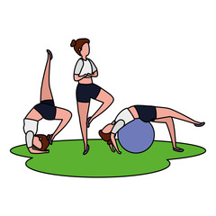 Poster - girls group practicing pilates with balloon in grass