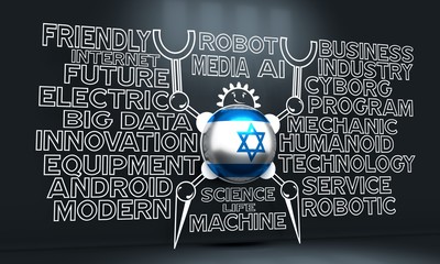 Wall Mural - Cute vintage robot. Robotics industry relative words cloud. Cartoon person. Flag of the Israel. 3D rendering