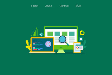 Wall Mural - data driven marketing, optimized website data, seo concept, flat design vector web banner.
