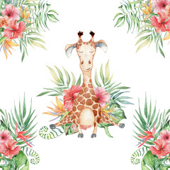 Wall Mural - Cute watercolor geraffe with tropical flowers card 