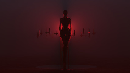 Wall Mural - Evil Spirit Ghost Demon Floating Evil Blood Queen Vampire Dripping in Blood with Upside Down Floating Crosses Abstract Demon in a Red Foggy Void front View 3d illustration 3d render  	