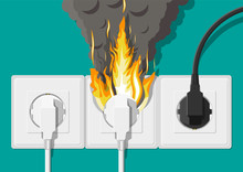 Electrical Outlet With Plug On Fire. Overload Of Network. Short Circuit. Electrical Safety Concept. Wall Socket In Flames With Smoke. Vector Illustration In Flat Style