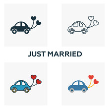 Just Married Icon Set. Four Elements In Diferent Styles From Honeymoon Icons Collection. Creative Just Married Icons Filled, Outline, Colored And Flat Symbols