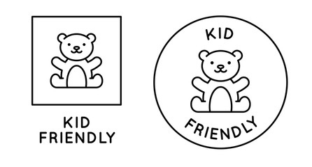 Kid friendly emblem with cute teddy bear - vector badges and icon designs in simple linear style