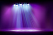Empty stage before the show. Spotlights on purple background. Vector illustration.