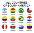 Vector illustration all flags of South America. All countries of South America, round shape flags.
