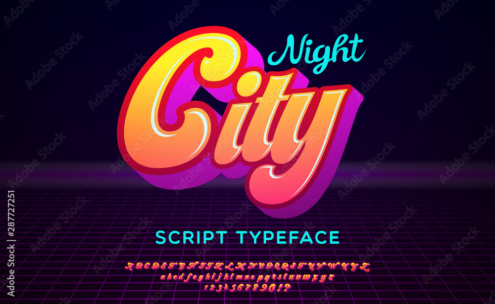 Night City. 3D script font in 1980s style. Illustration of 1980 retro neon poster. Futuristic landscape. - obrazy, fototapety, plakaty 