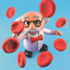 Wall Mural - 3d cartoon mad professor scientist looking at large blood cells, 3d illustration