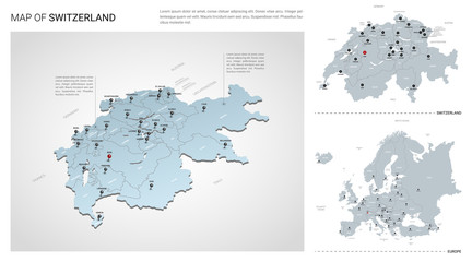  Vector set of Switzerland country.  Isometric 3d map, Switzerland map, Europe map - with region, state names and city names.