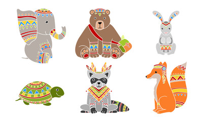 Sticker - Ethnic Patterned Animals Set, Elephant, Bear, Rabbit, Turtle, Fox, Raccoon Vector Illustration