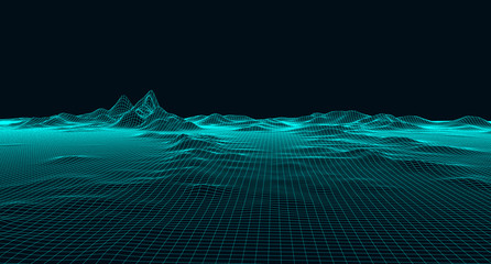 Wall Mural - abstract digital landscape with particles dots and stars on horizon. wireframe landscape background.
