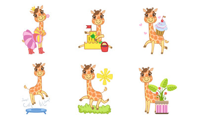 Canvas Print - Cute Giraffe Cartoon Character Set, Adorable Animal in Different Situations Vector Illustration