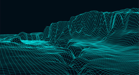 Wall Mural - abstract digital landscape with particles dots and stars on horizon. wireframe landscape background.