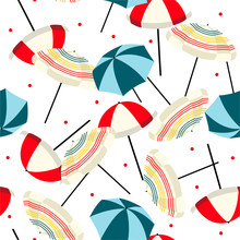 Retro Beach Umbrella Mix With Red Polka Dots Seamless Pattern In Vector . Design For Fashion , Fabric, Web , Wallpaper , And All Prints