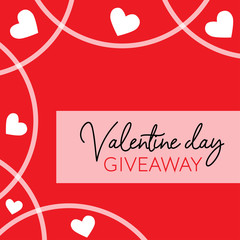 Wall Mural - Valentine's day giveaway banner. Social media template with white hearts and curves on the red background. Vector illustration for internet contests with prizes