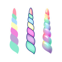 Set Unicorn Rainbow Horn, Horn-shaped Candle On A Pink Background, Colored Plastic Toy. Fantasy Concept.