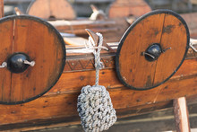Rope Fender And Shields On A Viking Ship Replica.