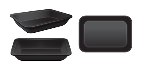 Empty styrofoam food storage. Black food plastic tray, set of foam meal containers