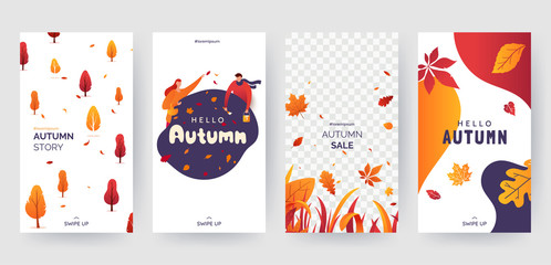 Wall Mural - set of autumn social media stories template. colorful banners with autumn illustrations. background 