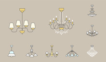 Chandelier Icons Set - Vector Colored Silhouettes Vintage And Luxury Chandelier