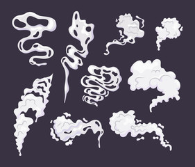 Wall Mural - Comic smoke cloud set. Smoking cartoon steam clouds with motion sprite speed. Resembling on game comic shot, puff mist, smoking cigarette cofee steam. Vector illustration on dark background