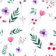 Seamless pattern green watercolor leaves and flowers on white background