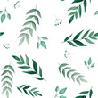 Seamless pattern green watercolor leaves on white background