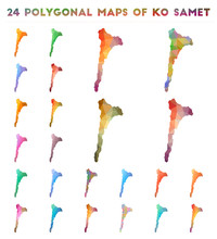 Set Of Vector Polygonal Maps Of Ko Samet. Bright Gradient Map Of Island In Low Poly Style. Multicolored Ko Samet Map In Geometric Style For Your Infographics.