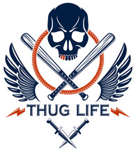 Brutal Gangster Emblem Or Logo With Aggressive Skull Baseball Bats And Other Weapons And Design Elements, Vector Anarchy Crime Or Terrorism Retro Style, Ghetto Revolutionary.