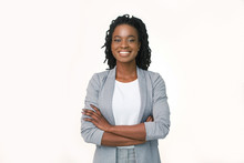 Confident Business Girl Smiling At Camera Crossing Hands, White Background