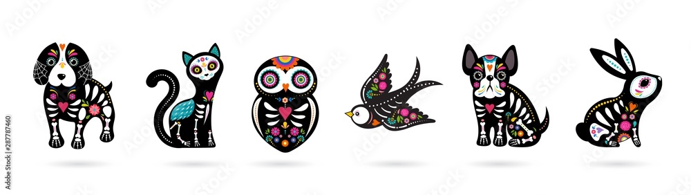 Day of the dead, Dia de los moertos, animals skulls and skeleton decorated with colorful Mexican elements and flowers. Fiesta, Halloween, holiday poster, party flyer. Vector illustration - obrazy, fototapety, plakaty 