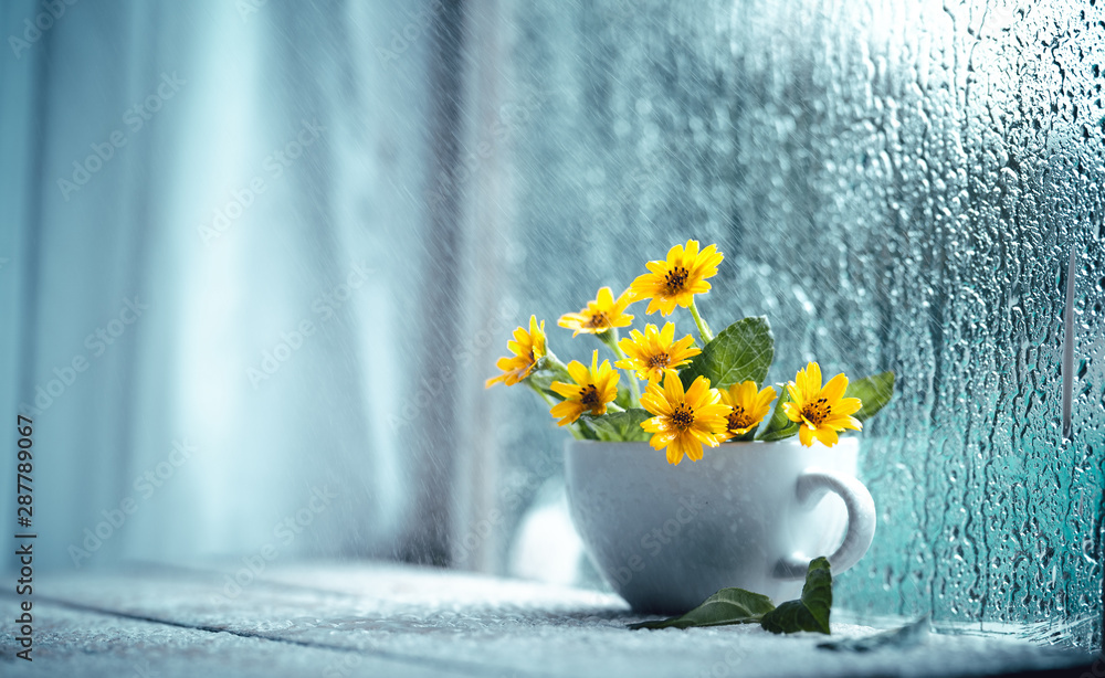 Flowers in a cup on the window on a rainy day