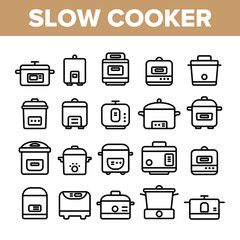 Wall Mural - Slow Cooker Elements Collection Vector Icons Set Thin Line. Different Cooker Kitchenware Concept Linear Pictograms. Modern Cooking Food Equipment And Gadgets Monochrome Contour Illustrations
