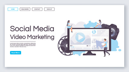 Social media video marketing landing page vector template. Internet advertisement website interface idea with flat illustrations. Online promotion homepage layout. Web banner, webpage cartoon concept