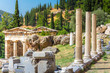 Ancient city of Delphi with ruins of the temple of Apollo, the omfalos (center) of the earth, theater, arena and other buildings, Greece