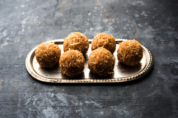 Poster - Jaggery coconut Laddoo / Nariyal gur ke laddu, indian sweet food for festivals like rakshabandhan/rakhi pournima