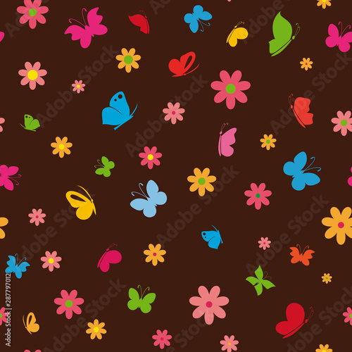 Flowers and butterflies. Vector seamless pattern.