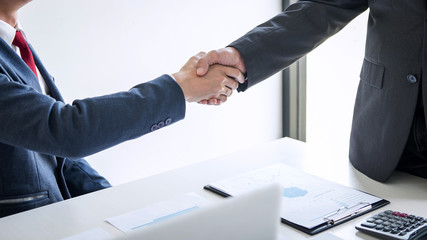 Aufkleber - Meeting and greeting concept, Two confident Business handshake and business people after discussing good deal of Trading contract and new projects for both companies, success, partnership, co worker