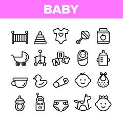 Wall Mural - Collection Baby Toys And Elements Vector Icons Set Thin Line. Character Male And Female Baby Infant, Pacifier And Carriage Concept Linear Pictograms. Monochrome Contour Illustrations