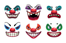 Creepy Clown Faces. Isolated On White. Scary Vector.