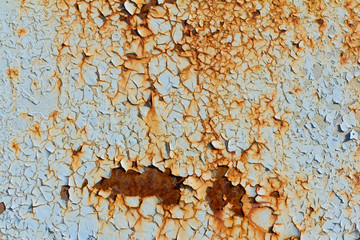 Wall Mural - Rust, rusty background, rusty metal texture with remnants of blue paint, rust protruded through the paint