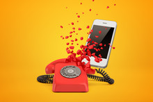 3d Rendering Of Red Wireline Phone Breaking In Pieces And White Modern Smartphone Behind It On Amber Background.