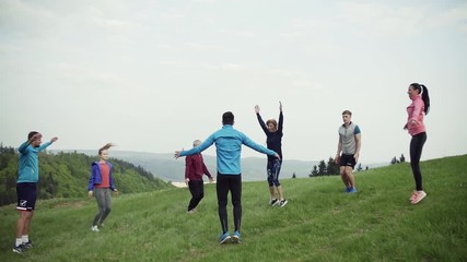 Sticker - Large group of fit and active people doing exercise in nature.