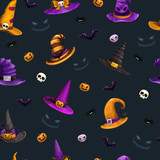Fototapeta Dinusie - Seamless pattern with cartoon colorful Halloween elements.