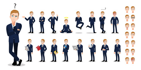 Wall Mural - Businessman cartoon character set. Handsome business man in office style smart suit . Vector illustration