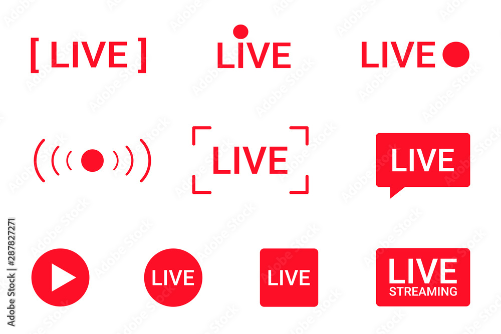 Set of live streaming icons. Red symbols and buttons of live streaming, broadcasting, online stream. Lower third template for tv, shows, movies and live performances - obrazy, fototapety, plakaty 