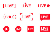 Set Of Live Streaming Icons. Red Symbols And Buttons Of Live Streaming, Broadcasting, Online Stream. Lower Third Template For Tv, Shows, Movies And Live Performances