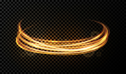 Leinwandbilder - Vector light effect on transparent background. Golden transparent light with dynamic swirl. Glowing light ring or motion swirl with flying sparkling flash and particles