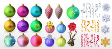 Set Of Christmas Balls Background. Festive Xmas Decoration Gold, Pink, Green And Blue Bauble And Bright Snowflake, Hanging On The Ribbon. Vector Illustration. Isolated On White Background.